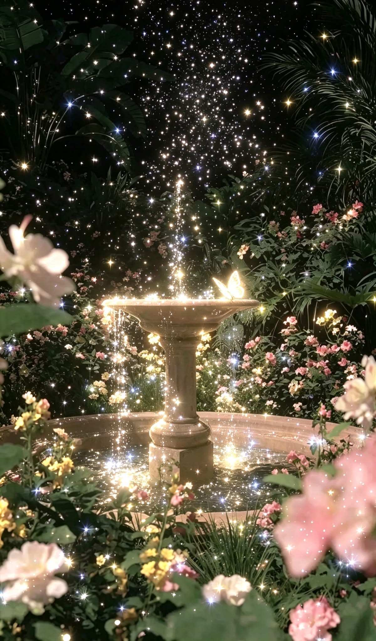 A glowing garden fountain surrounded by flowers and starlike light